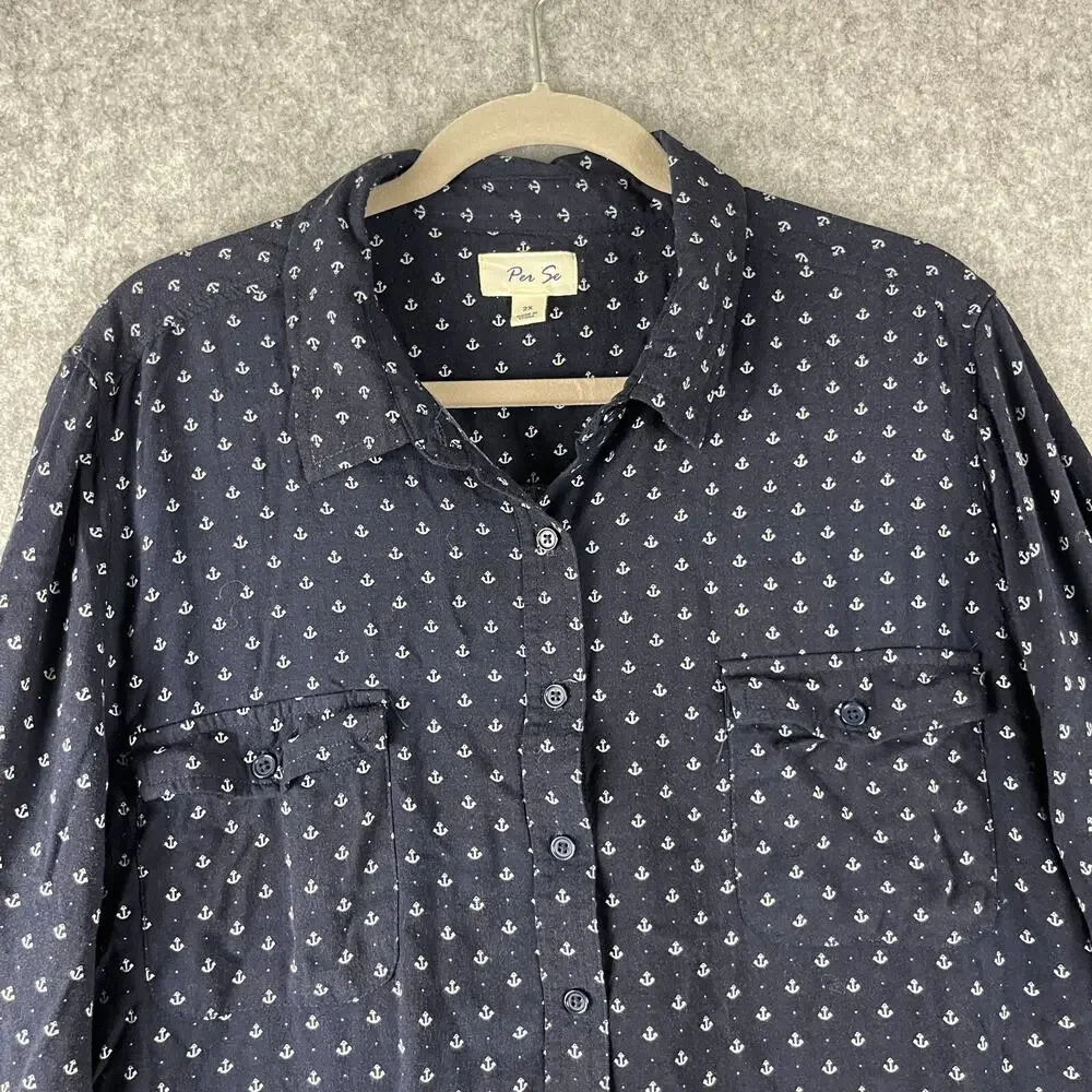 Per Se Top Womens 2X Blue Anchor Print Blouse Button Front 3/4 Sleeve Nautical - Picture 2 of 12